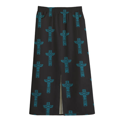 Native Totem Pattern Print Cotton Front Slit Maxi Skirt
