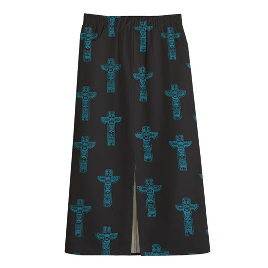 Native Totem Pattern Print Cotton Front Slit Maxi Skirt
