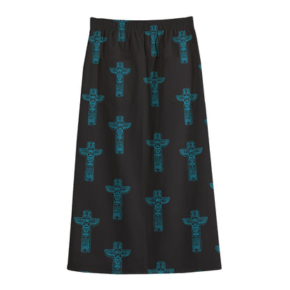 Native Totem Pattern Print Cotton Front Slit Maxi Skirt