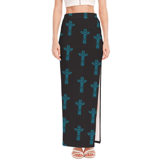 Native Totem Pattern Print High Slit Maxi Skirt