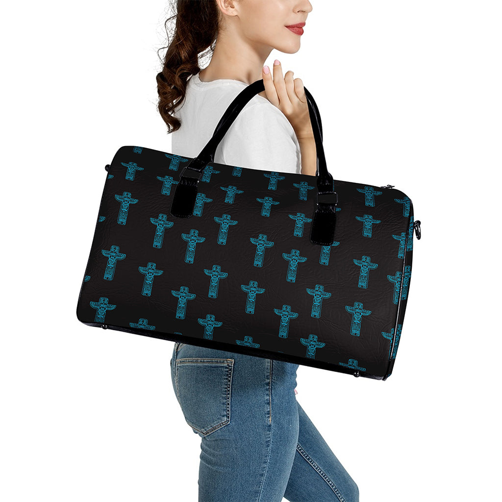 Native Totem Pattern Print Leather Duffle Bag