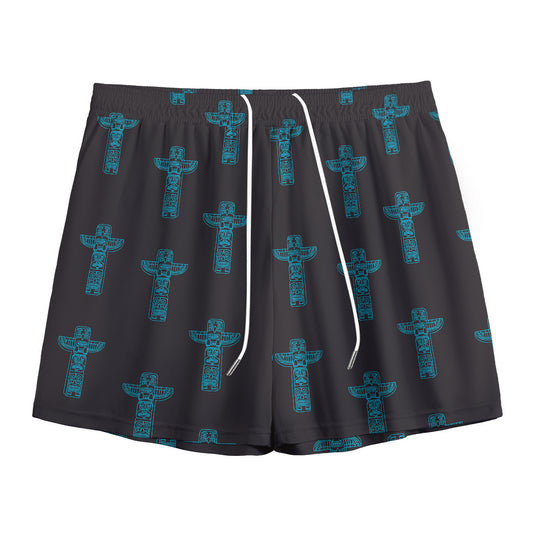 Native Totem Pattern Print Mesh Shorts