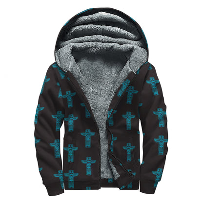 Native Totem Pattern Print Sherpa Lined Zip Up Hoodie