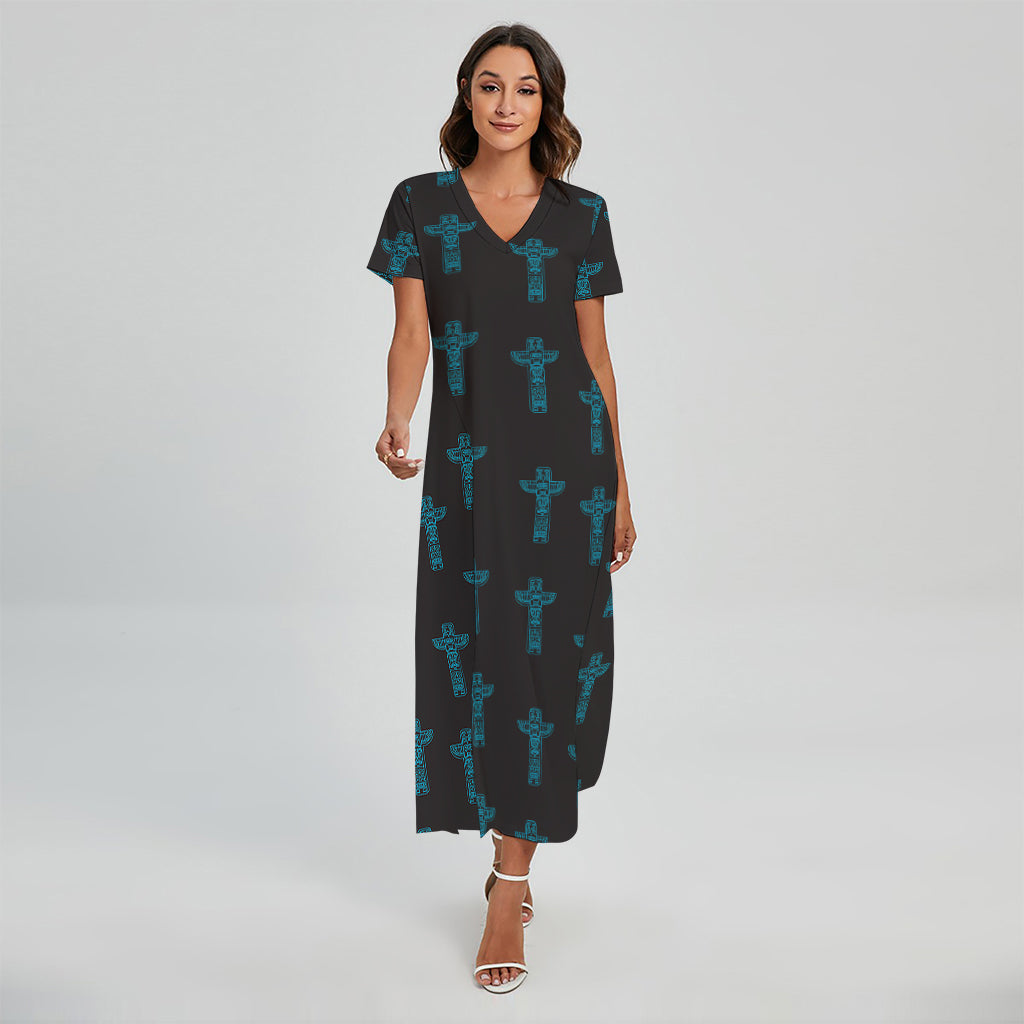 Native Totem Pattern Print Short Sleeve Maxi Dress