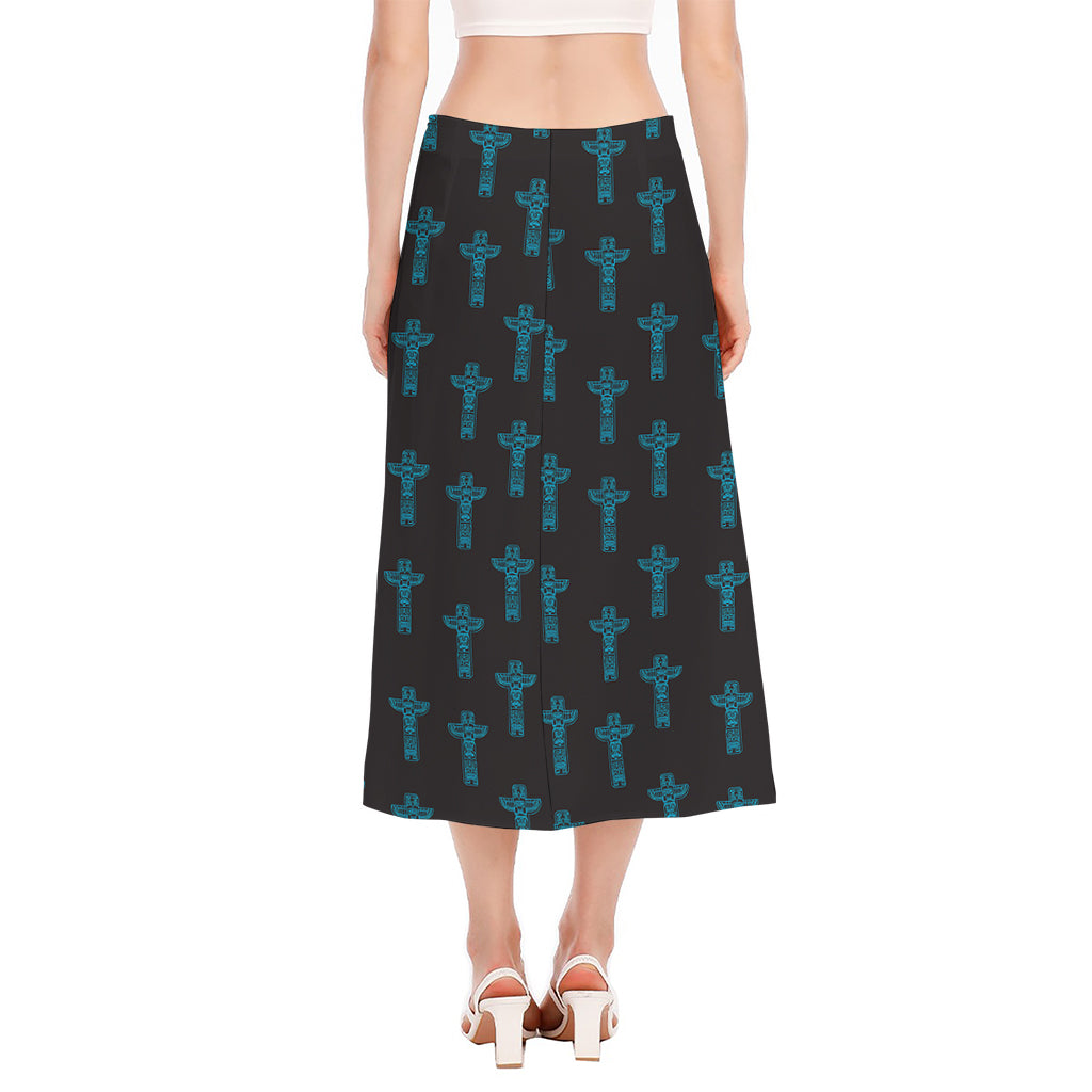 Native Totem Pattern Print Side Slit Midi Skirt