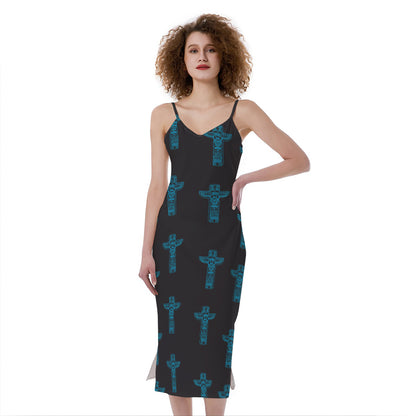 Native Totem Pattern Print Slim Fit Midi Cami Dress