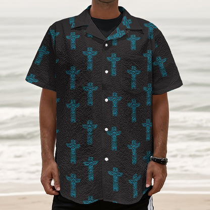Native Totem Pattern Print Textured Short Sleeve Shirt