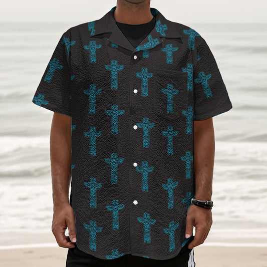 Native Totem Pattern Print Textured Short Sleeve Shirt