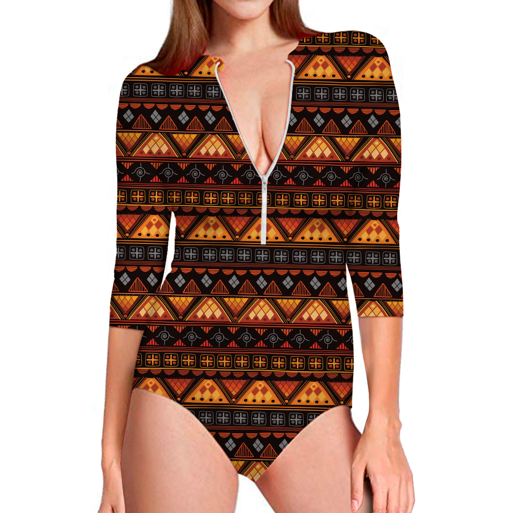 Native Tribal African Pattern Print Long Sleeve Swimsuit