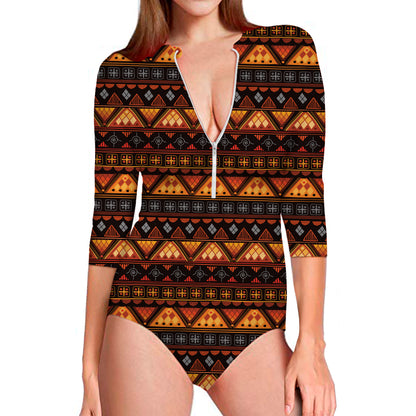 Native Tribal African Pattern Print Long Sleeve Swimsuit