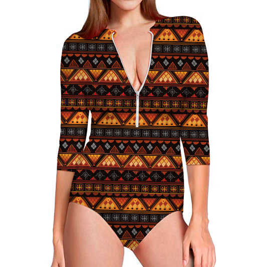 Native Tribal African Pattern Print Long Sleeve Swimsuit