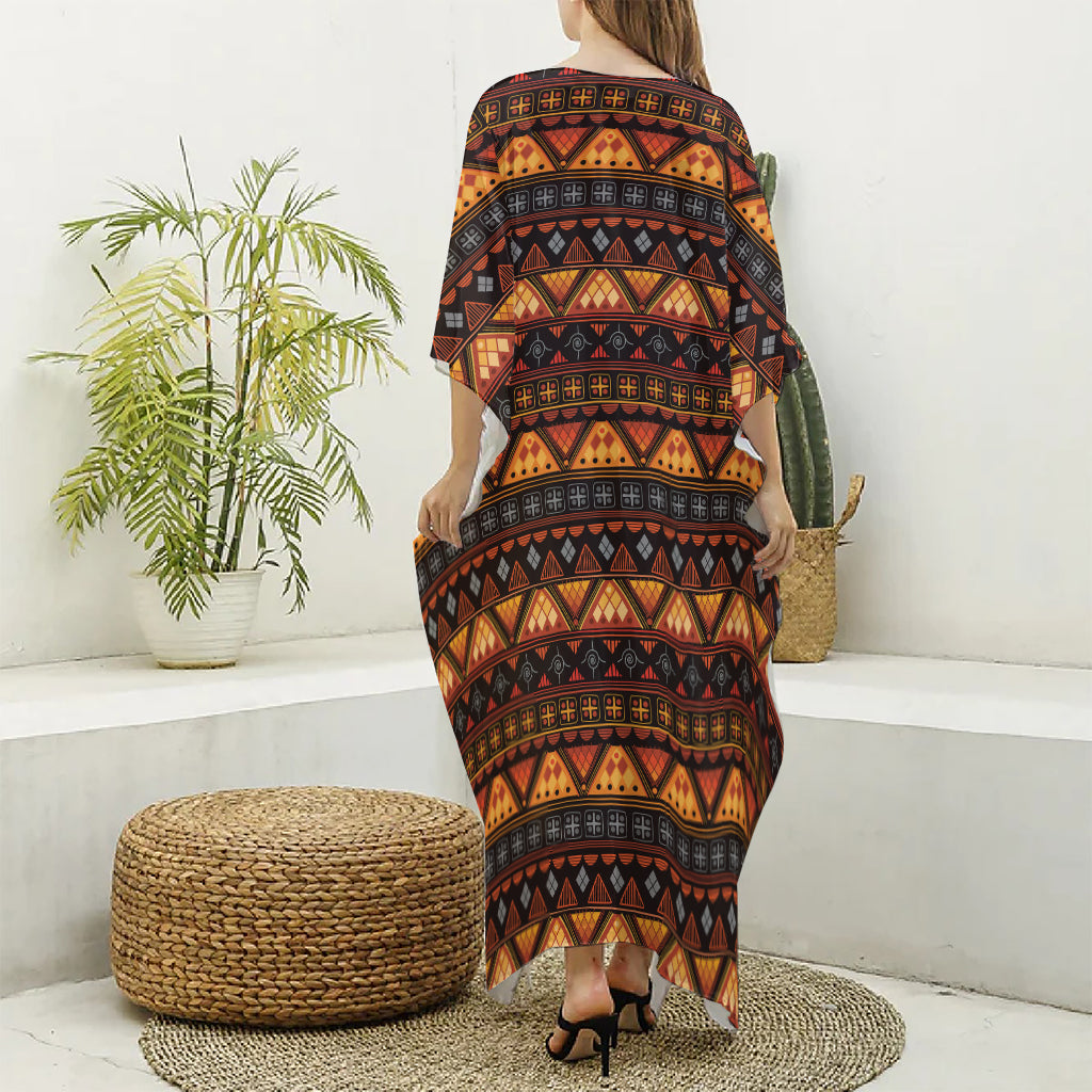 Native Tribal African Pattern Print Silk V-Neck Kaftan Dress