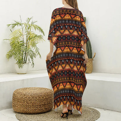 Native Tribal African Pattern Print Silk V-Neck Kaftan Dress