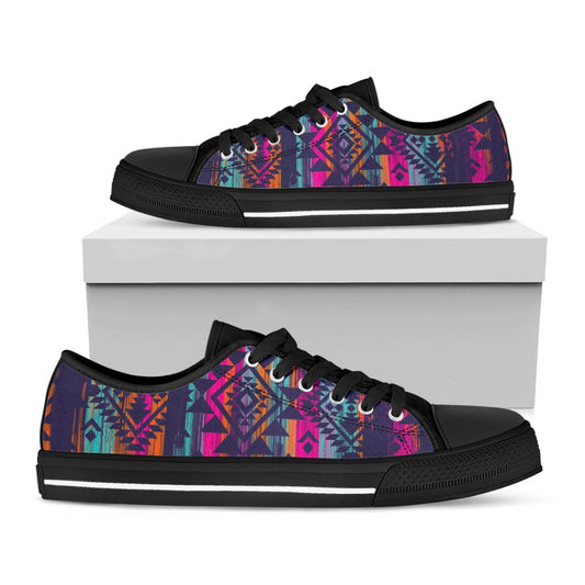 Native Tribal Aztec Pattern Print Black Low Top Sneakers