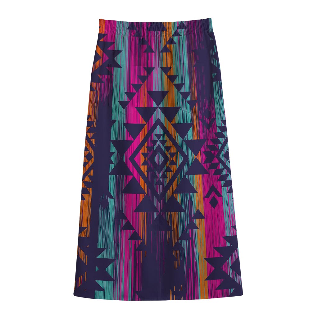 Native Tribal Aztec Pattern Print Cotton Front Slit Maxi Skirt