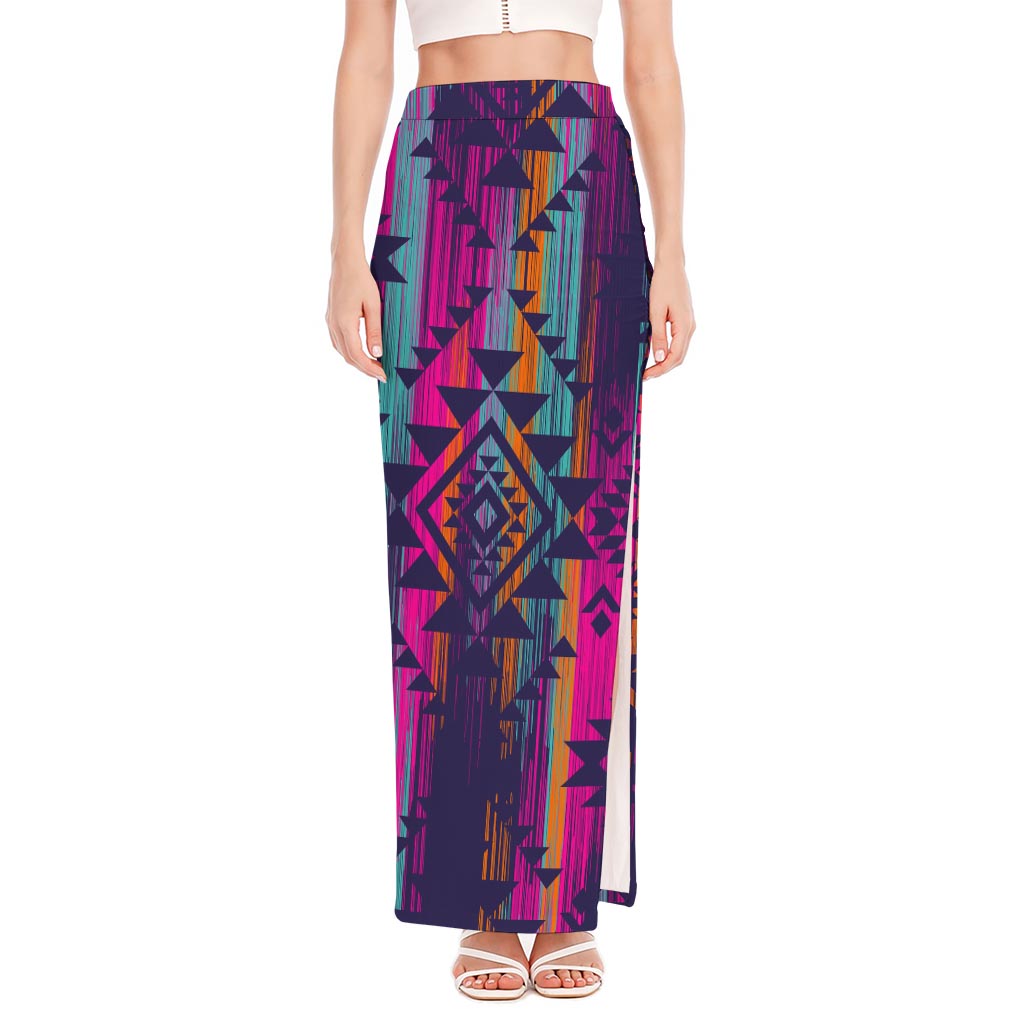 Native Tribal Aztec Pattern Print High Slit Maxi Skirt