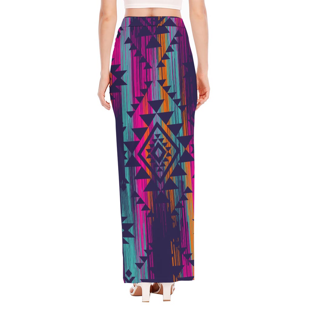 Native Tribal Aztec Pattern Print High Slit Maxi Skirt