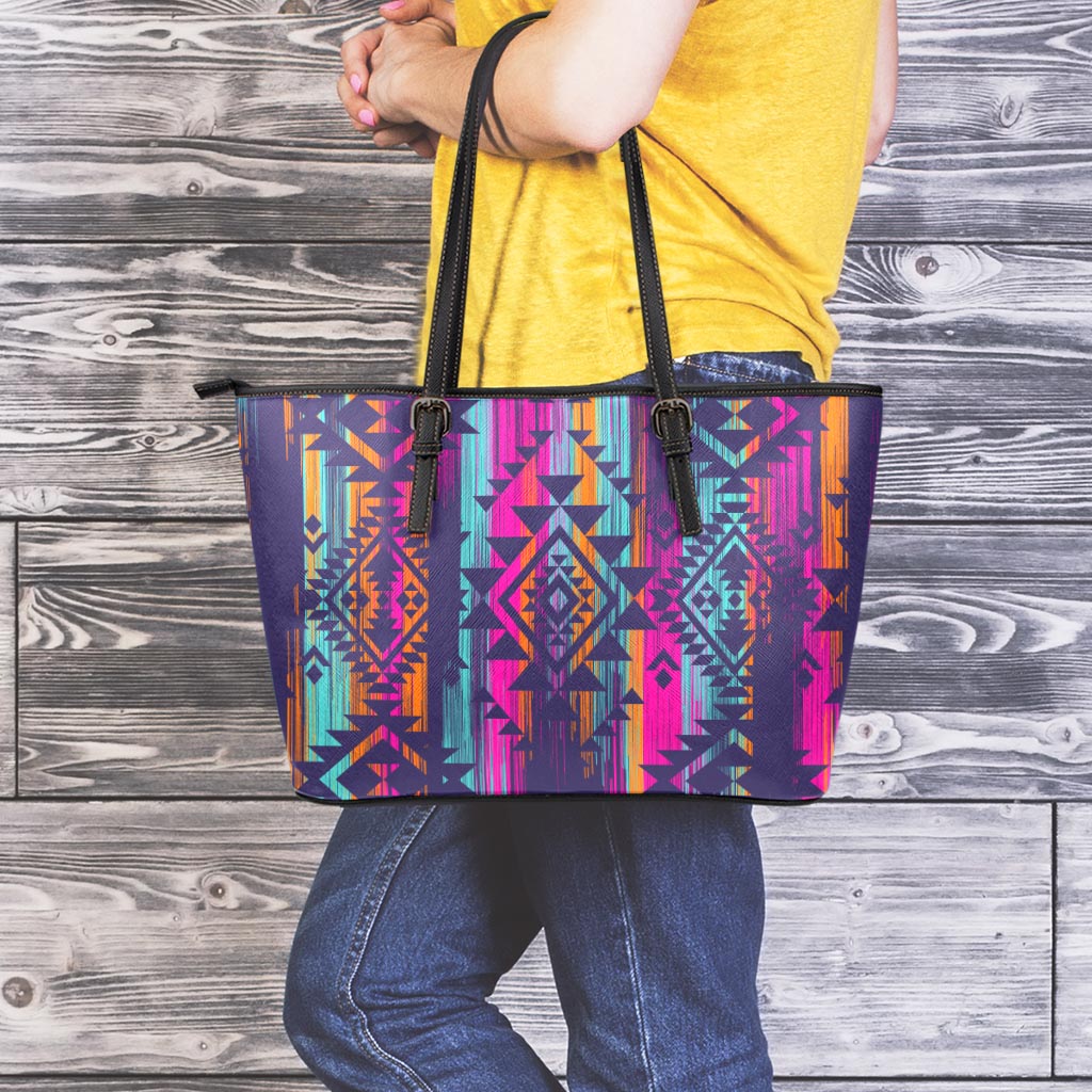 Native Tribal Aztec Pattern Print Leather Tote Bag