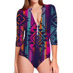 Native Tribal Aztec Pattern Print Long Sleeve Swimsuit