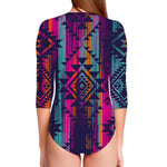 Native Tribal Aztec Pattern Print Long Sleeve Swimsuit