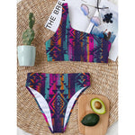 Native Tribal Aztec Pattern Print One Shoulder Bikini Top