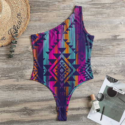 Native Tribal Aztec Pattern Print One Shoulder Bodysuit