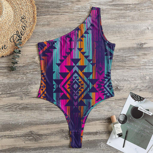 Native Tribal Aztec Pattern Print One Shoulder Bodysuit