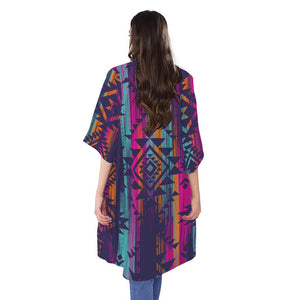 Native Tribal Aztec Pattern Print Open Front Beach Cover Up