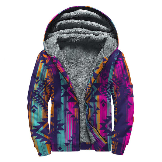 Native Tribal Aztec Pattern Print Sherpa Lined Zip Up Hoodie