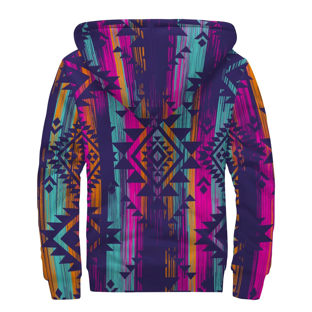 Native Tribal Aztec Pattern Print Sherpa Lined Zip Up Hoodie