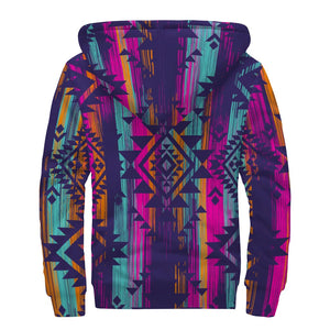 Native Tribal Aztec Pattern Print Sherpa Lined Zip Up Hoodie