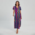 Native Tribal Aztec Pattern Print Short Sleeve Maxi Dress