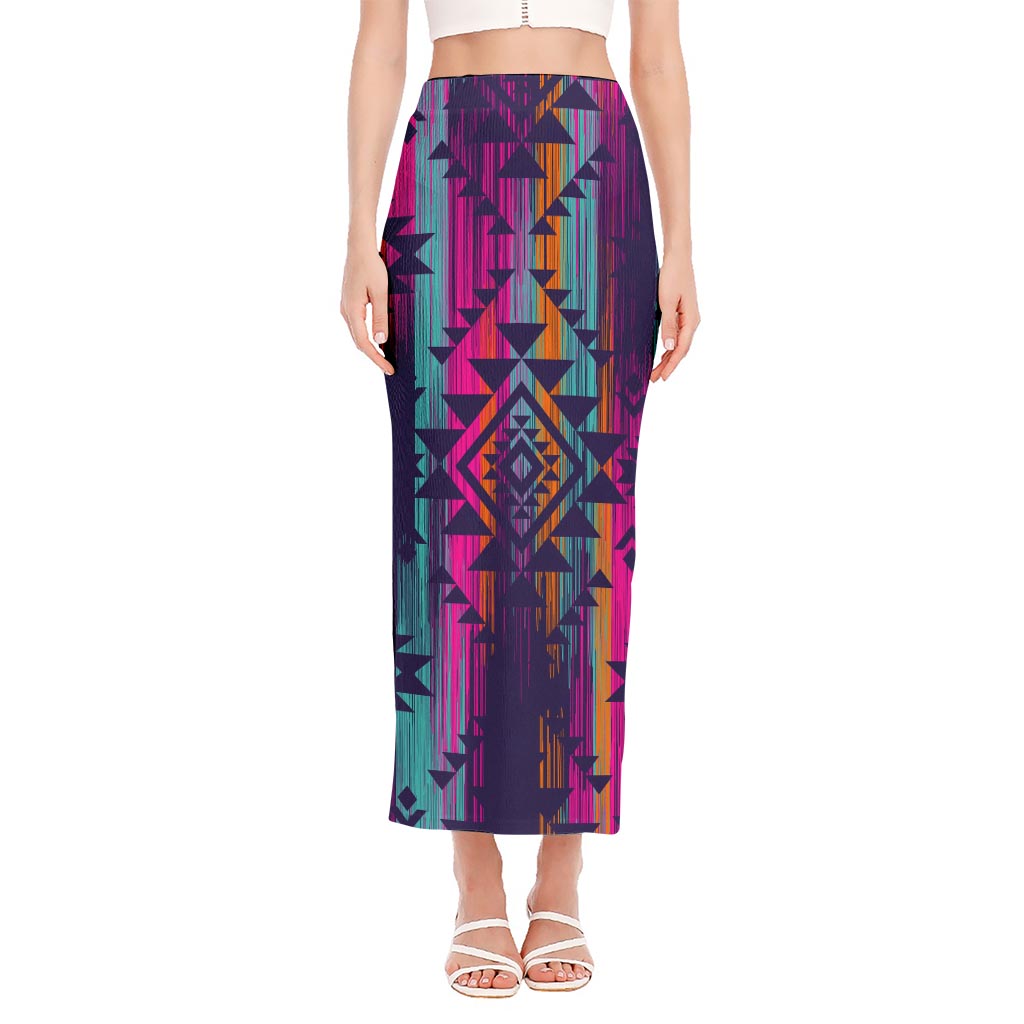 Native Tribal Aztec Pattern Print Side Slit Maxi Skirt