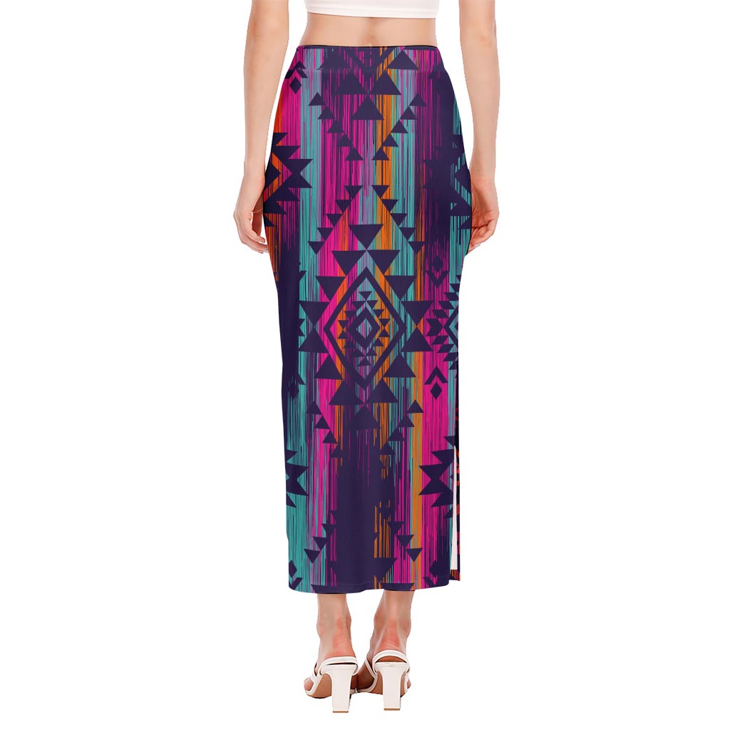 Native Tribal Aztec Pattern Print Side Slit Maxi Skirt