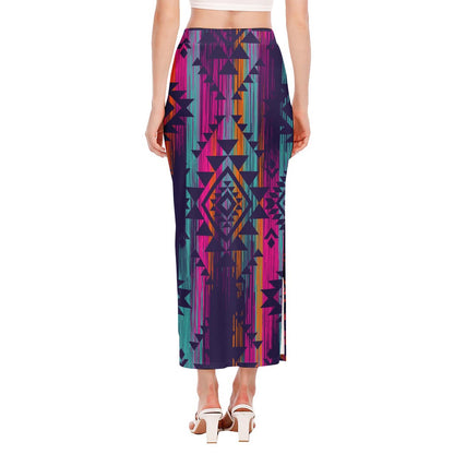 Native Tribal Aztec Pattern Print Side Slit Maxi Skirt