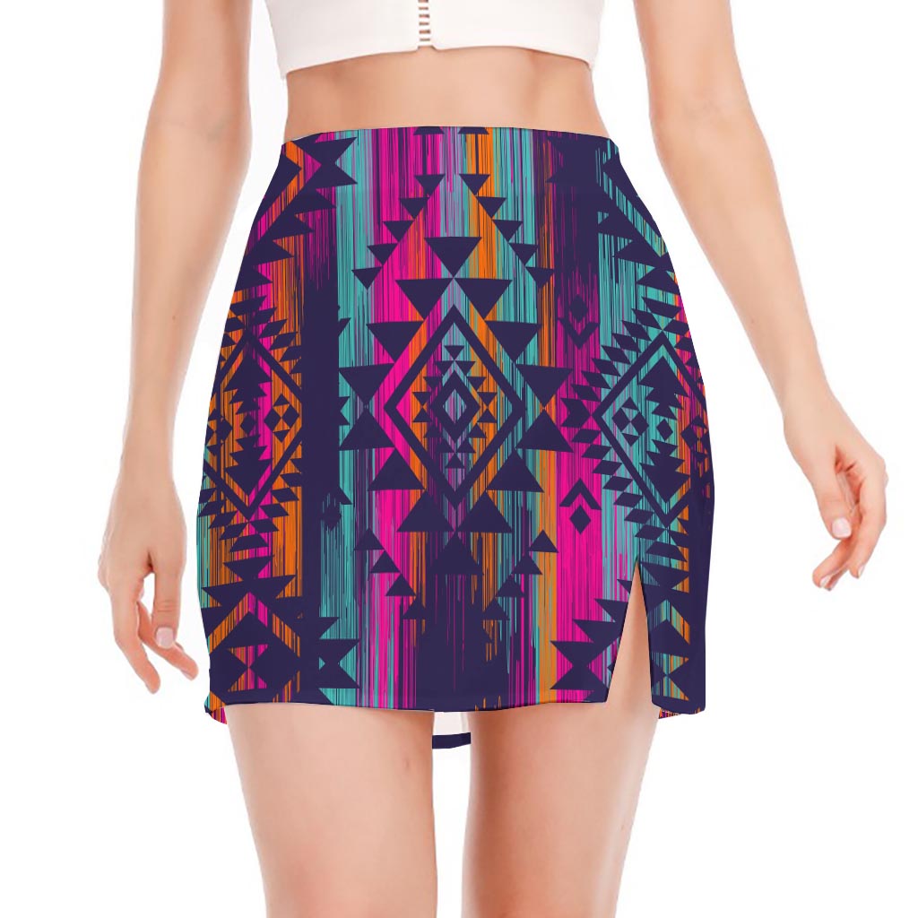 Native Tribal Aztec Pattern Print Side Slit Mini Skirt