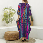 Native Tribal Aztec Pattern Print Silk V-Neck Kaftan Dress