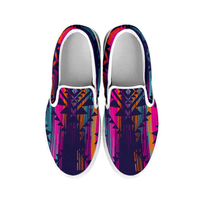 Native Tribal Aztec Pattern Print White Slip On Sneakers