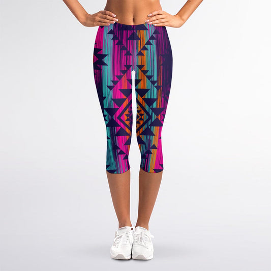 Native Tribal Aztec Pattern Print Women's Capri Leggings