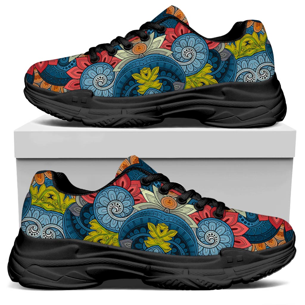 Native Tribal Bohemian Pattern Print Black Chunky Shoes