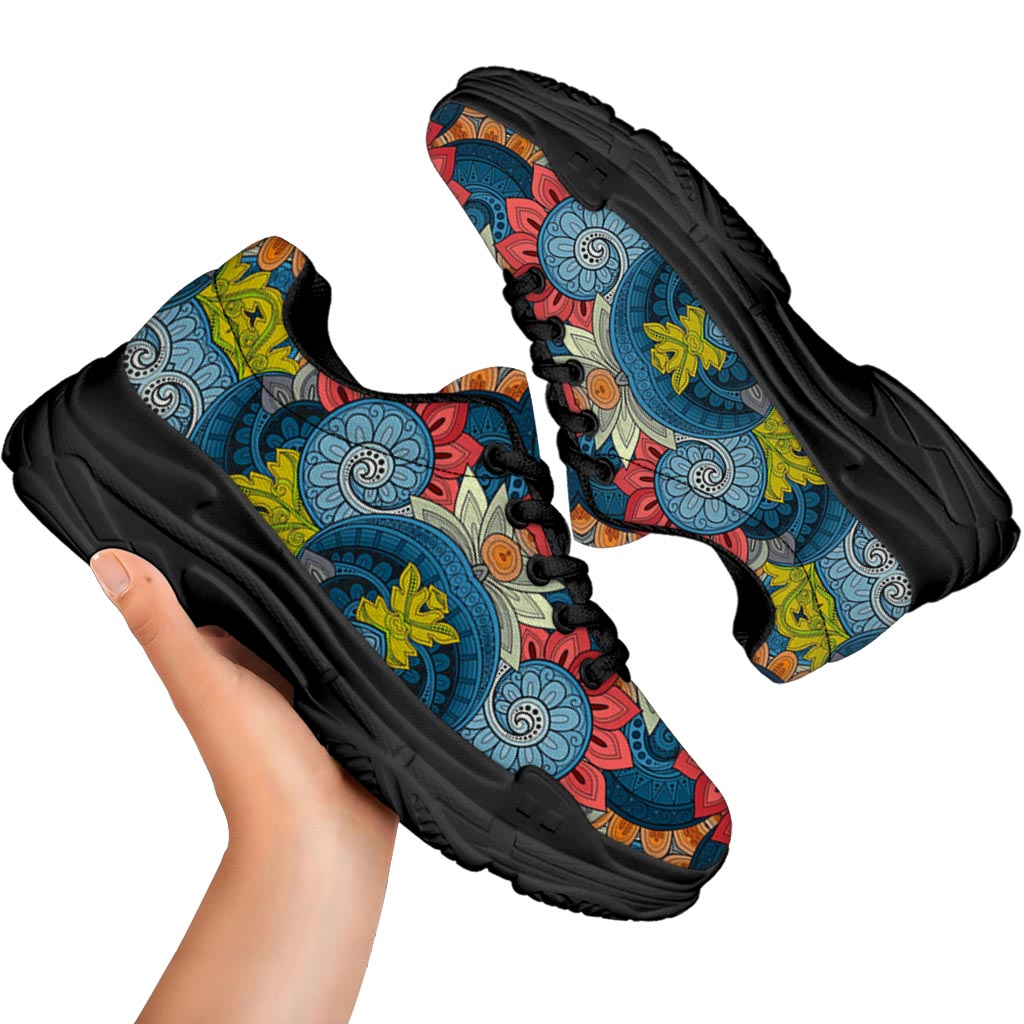 Native Tribal Bohemian Pattern Print Black Chunky Shoes