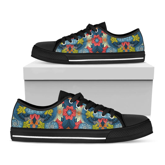 Native Tribal Bohemian Pattern Print Black Low Top Sneakers