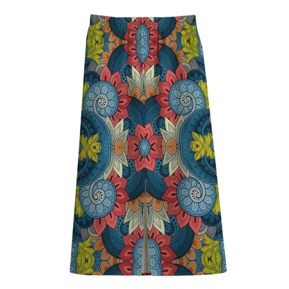 Native Tribal Bohemian Pattern Print Cotton Front Slit Maxi Skirt