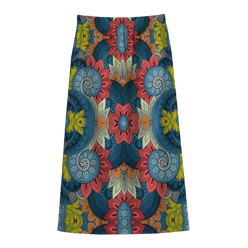 Native Tribal Bohemian Pattern Print Cotton Front Slit Maxi Skirt