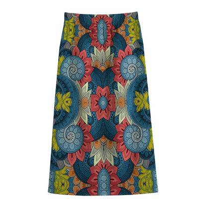 Native Tribal Bohemian Pattern Print Cotton Front Slit Maxi Skirt
