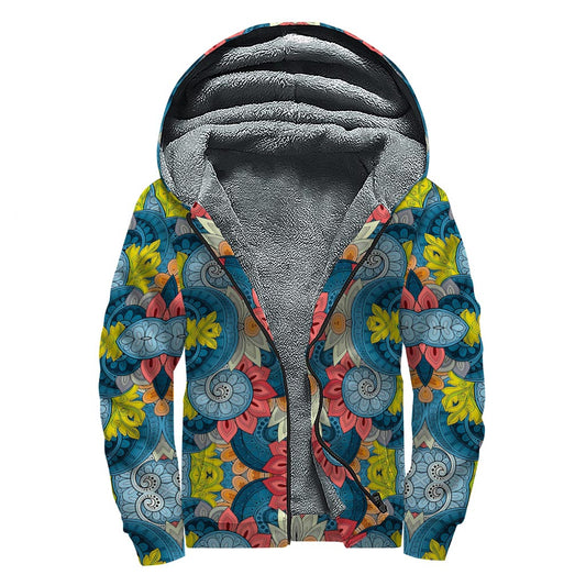 Native Tribal Bohemian Pattern Print Sherpa Lined Zip Up Hoodie