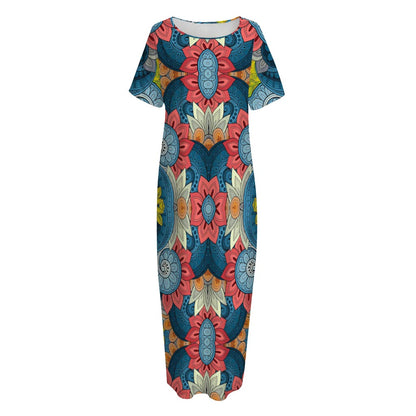 Native Tribal Bohemian Pattern Print Short Sleeve Long Nightdress