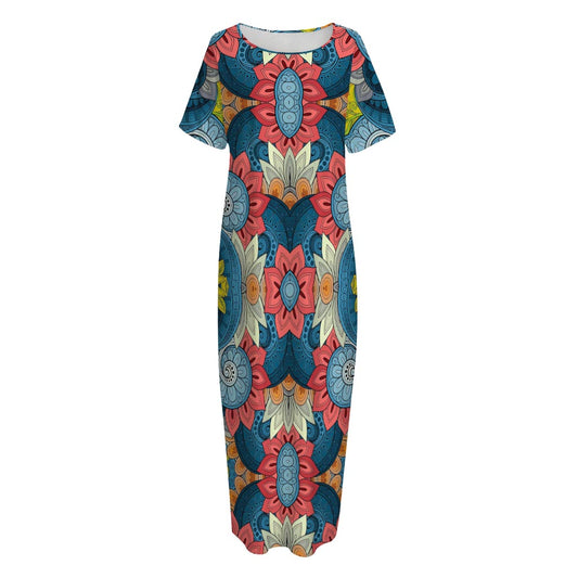 Native Tribal Bohemian Pattern Print Short Sleeve Long Nightdress