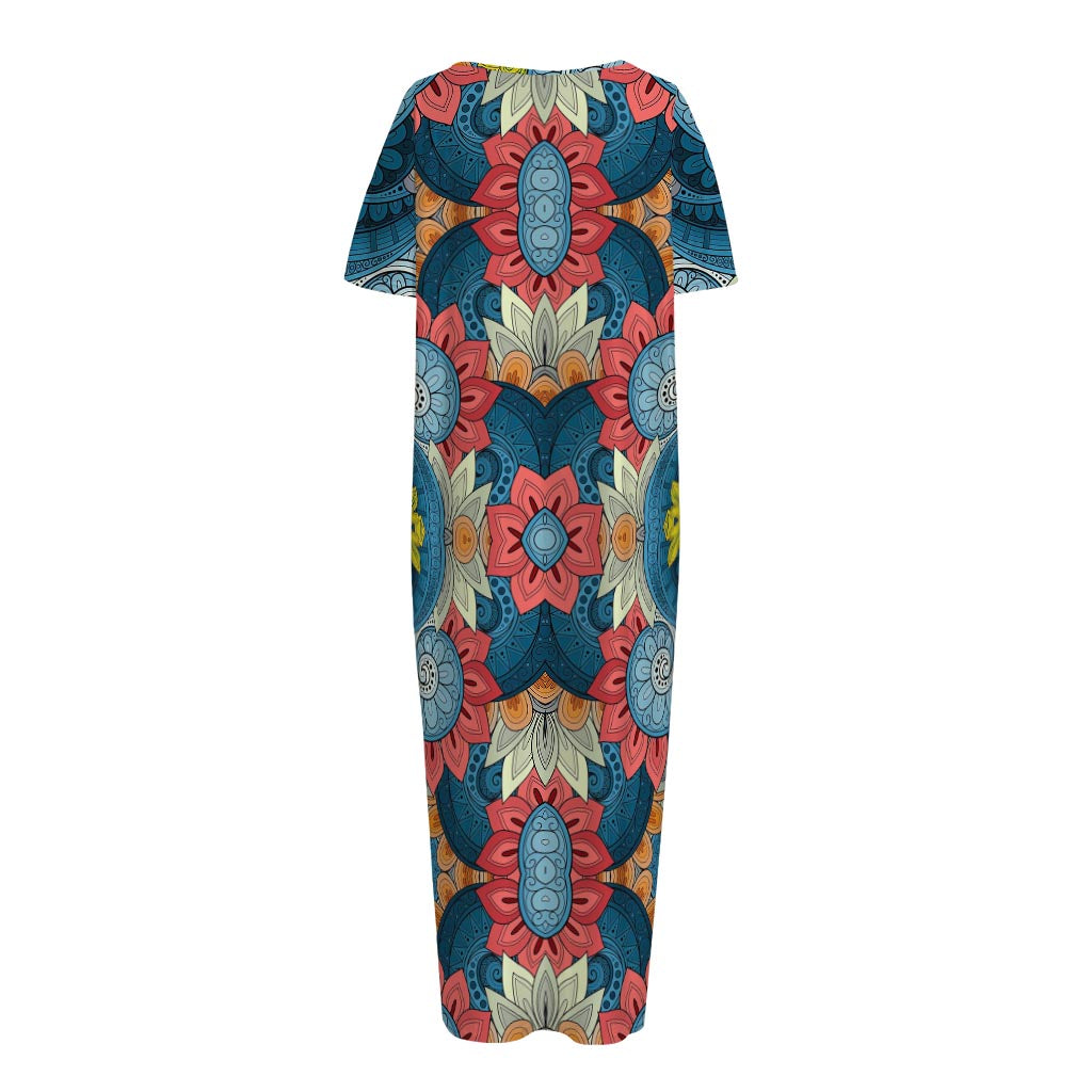 Native Tribal Bohemian Pattern Print Short Sleeve Long Nightdress