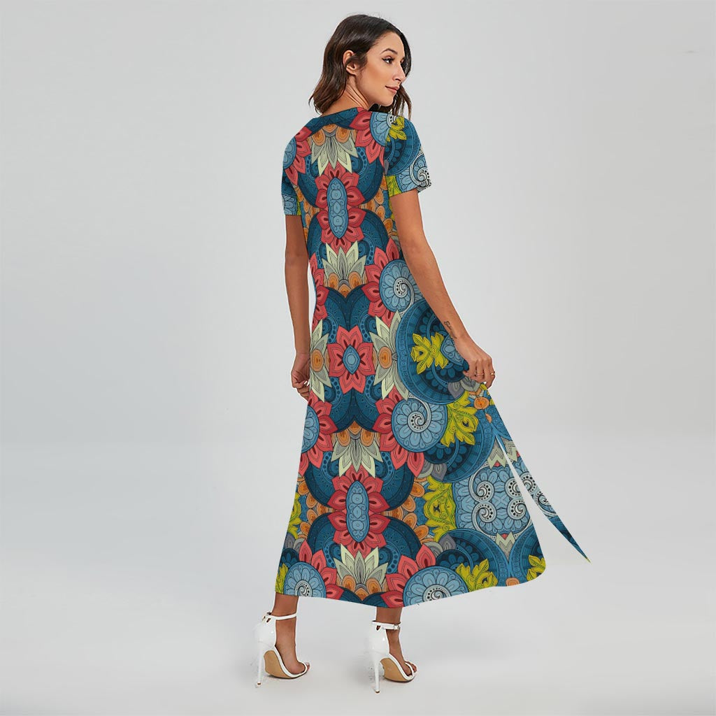 Native Tribal Bohemian Pattern Print Short Sleeve Maxi Dress